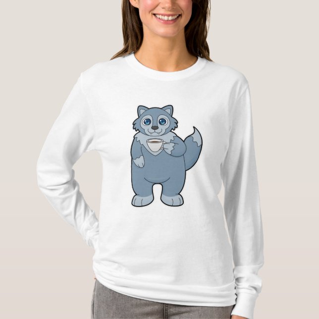 Wolf mit Kaffee-Cup T-Shirt (Vorderseite)