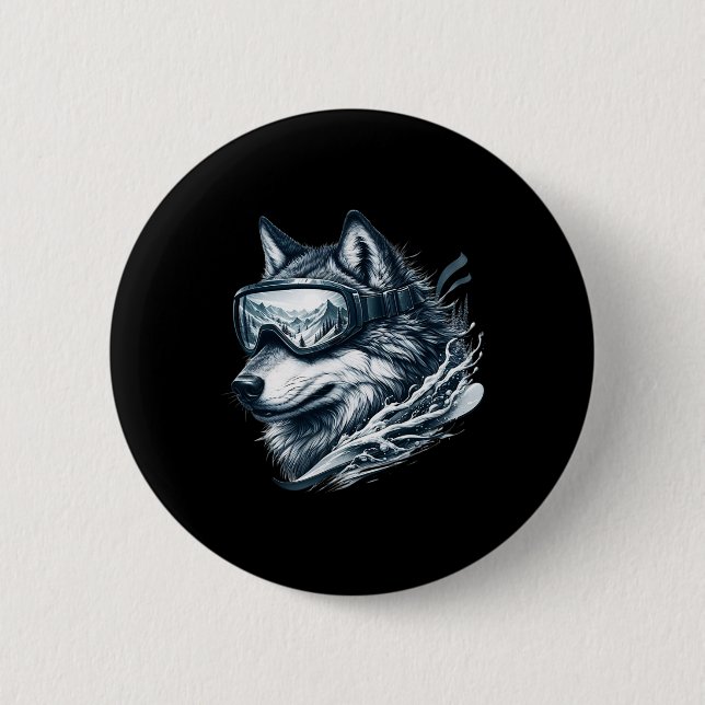 Wolf mit Skischneebrille Wolf Skifahren  Button (Vorderseite)