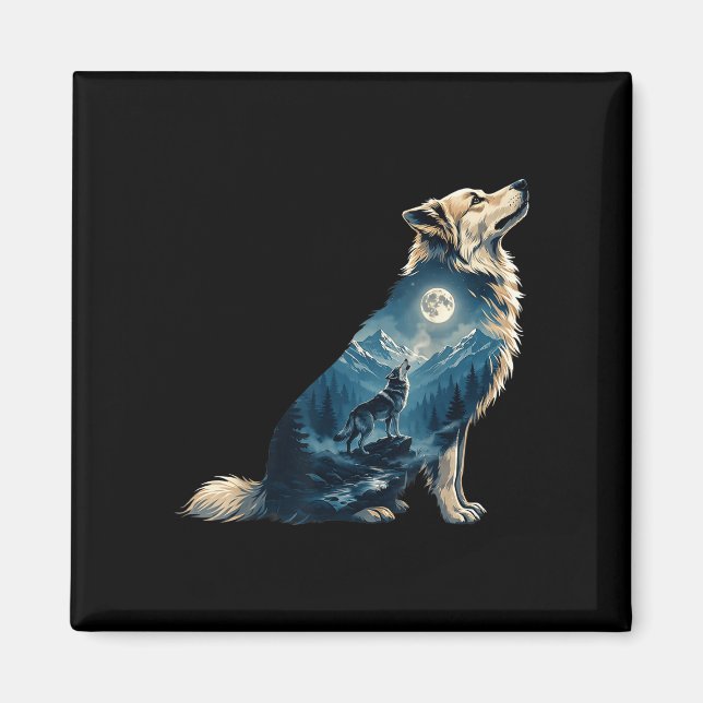 Wolf Mond Bergwald Silhouette Wildtier Kunst Magnet (Vorne)