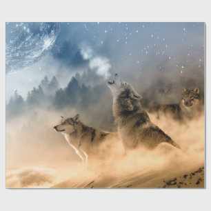 Wolf-Mond-Nebel-Natur-Landschaft Geschenkpapier