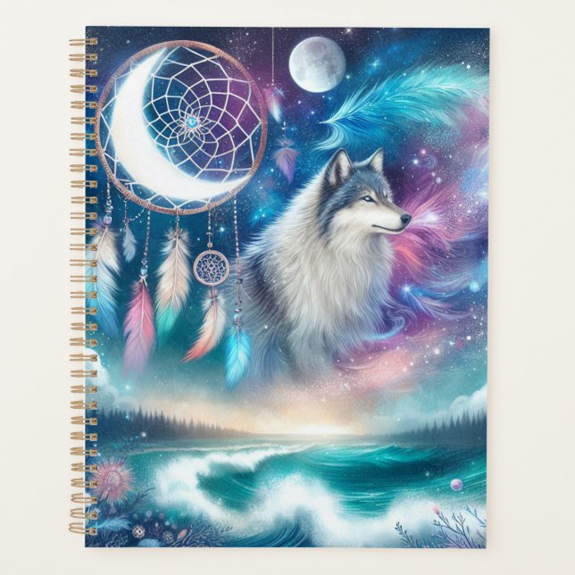 Wolf, Mond und ein Dreamcatcher und Waves Planer (Vorderseite)