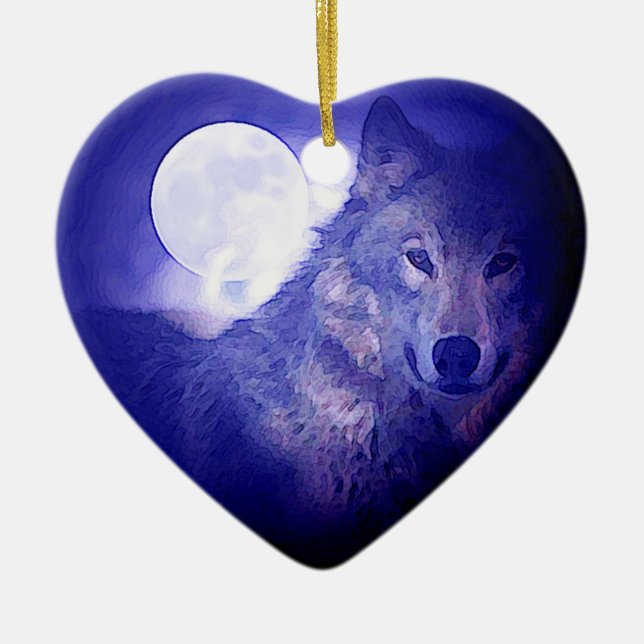 Wolf, Moon & Blue Night Keramik Ornament (Vorne)