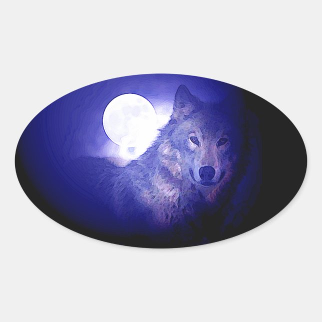 Wolf, Moon & Blue Night Ovaler Aufkleber (Vorderseite)