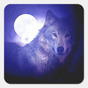 Wolf, Moon & Blue Night Quadratischer Aufkleber