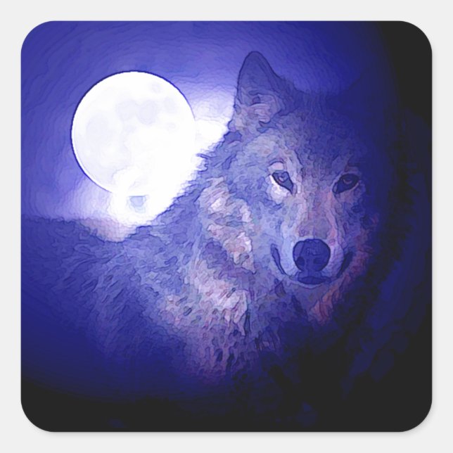 Wolf, Moon & Blue Night Quadratischer Aufkleber (Vorderseite)