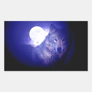 Wolf, Moon & Blue Night Rechteckiger Aufkleber