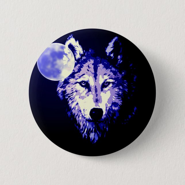 Wolf & Moon Dark Blue Night Collage Button (Vorderseite)