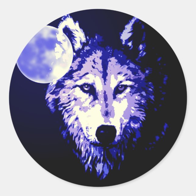 Wolf & Moon Dark Blue Night Collage Runder Aufkleber (Vorderseite)
