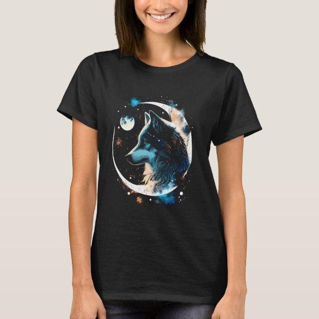 Wolf Moon Galaxy Weltraum Coole Wölfe Geschenk Ide T-Shirt (Vorderseite)