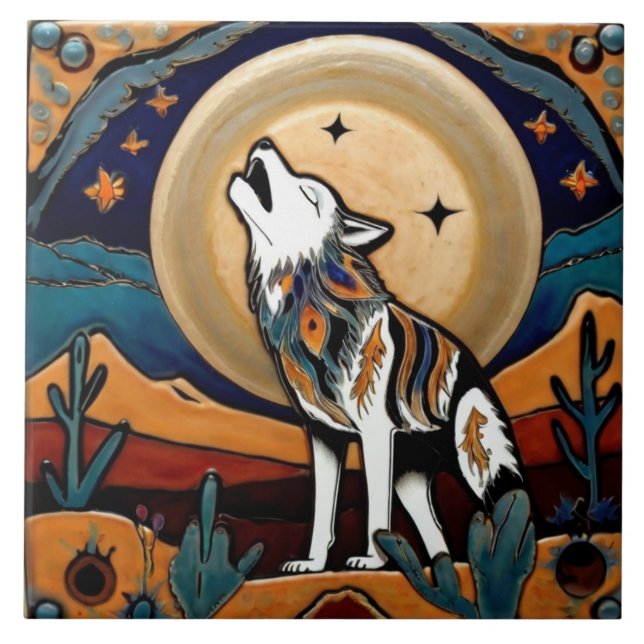 Wolf Moon Howl Southwestern Style Südwest Fliese (Vorderseite)