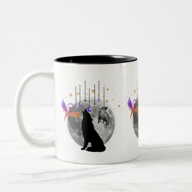 Wolf-Moon-Phoenix-Owl-grafische Design Kaffee-Tass Zweifarbige Tasse (Links)