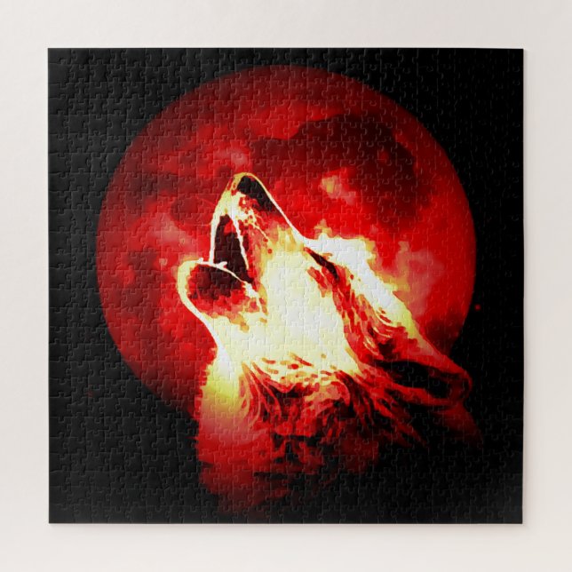 Wolf, Moon & Red Sky Illustration Puzzle (Vertikal)