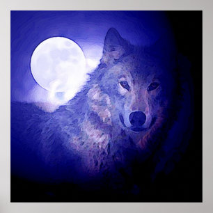 Wolf & Moon Square Poster Print Blue Night Wolfs