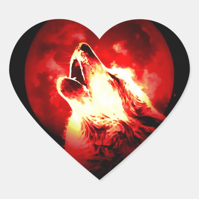 Wolf, Moon und Red Sky Herz-Aufkleber (Vorderseite)