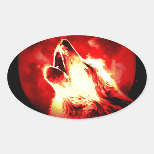 Wolf, Moon und Red Sky Ovaler Aufkleber