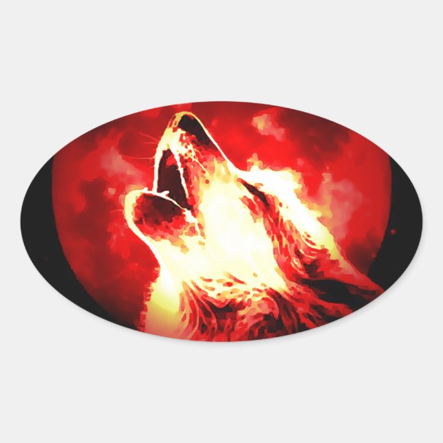 Wolf, Moon und Red Sky Ovaler Aufkleber (Vorderseite)