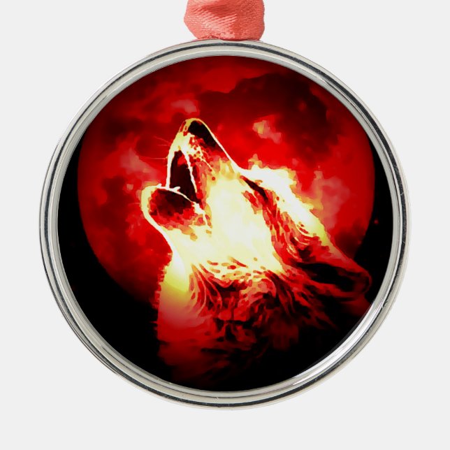 Wolf, Moon und Red Sky Silbernes Ornament (Vorne)