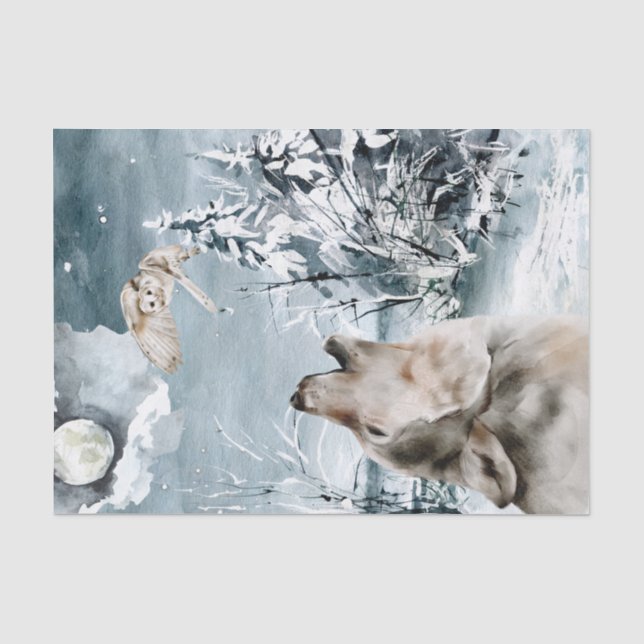 Wolf Moon Winterlandschaft Aquatercolor Owl Seidenpapier (Vorderseite)
