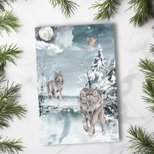 Wolf Moon Winterlandschaft Wasserfarbe Seidenpapier
