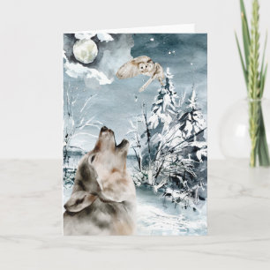 Wolf Moon Winterlandschaft Wasserfarbenen Urlaub Karte