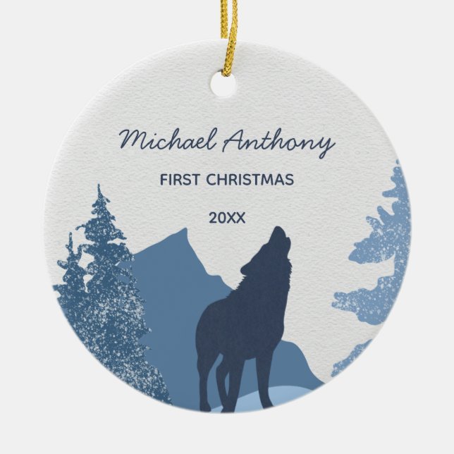 Wolf Mountain Forest Baby's First Christmas Foto Keramik Ornament (Vorne)