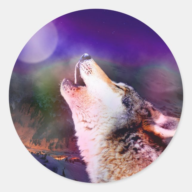 Wolf nachts runder aufkleber (Vorderseite)