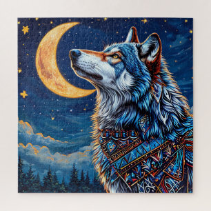 Wolf nachts unter dem Halbmond Puzzle