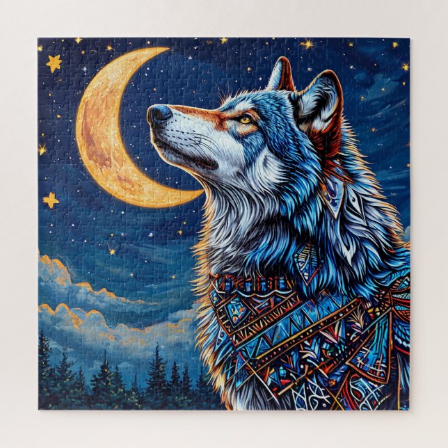 Wolf nachts unter dem Halbmond Puzzle (Vertikal)