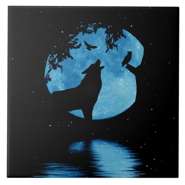 Wolf Owl Raven und Full Moon Art Fliese (Vorderseite)