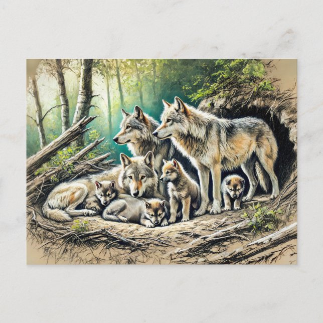 Wolf Pack at the Den with Pups Postkarte (Vorderseite)