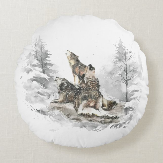 Wolf Pack Howling Winter Song Chorus Rundes Kissen (Vorderseite)