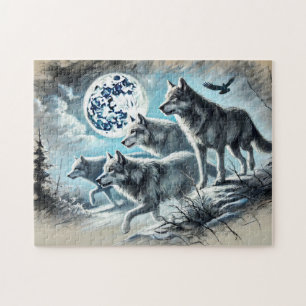 Wolf Pack läuft im Mondlicht Puzzle