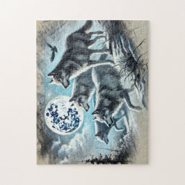 Wolf Pack läuft im Mondlicht Puzzle