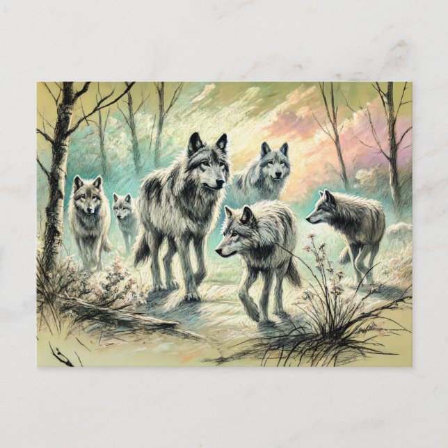 Wolf Pack Running Through Forest Postkarte (Vorderseite)