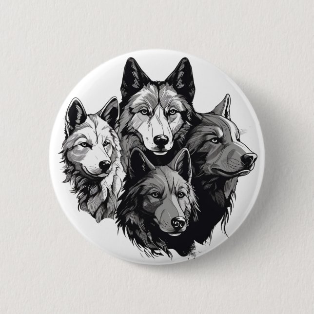 Wolf Pack Tribal Graphic Black and White Wolves Button (Vorderseite)