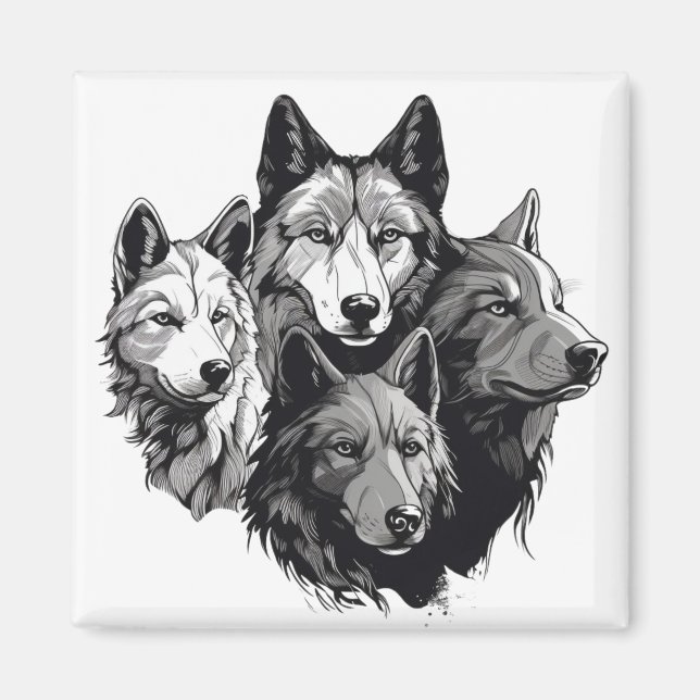 Wolf Pack Tribal Graphic Black and White Wolves Magnet (Vorne)