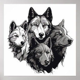 Wolf Pack Tribal Graphic Black and White Wolves Poster