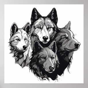 Wolf Pack Tribal Graphic Black and White Wolves Poster