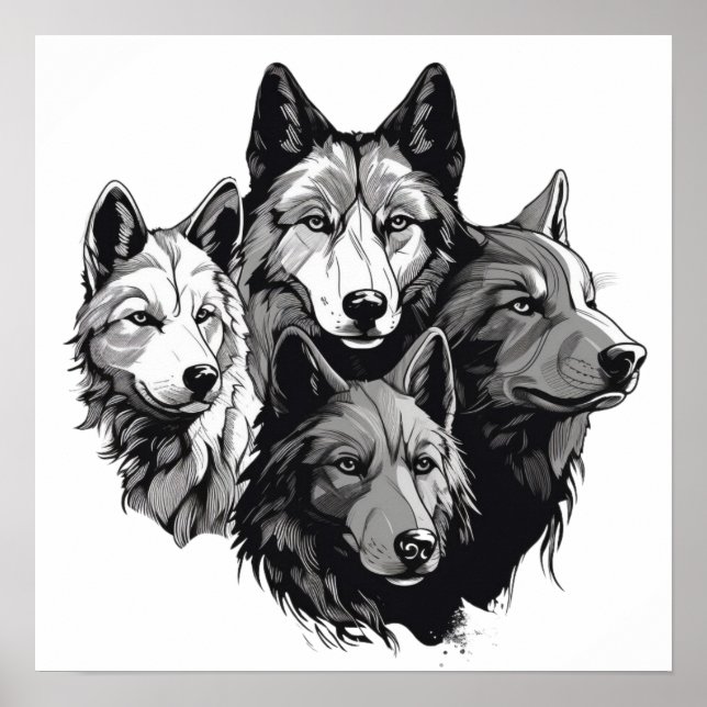 Wolf Pack Tribal Graphic Black and White Wolves Poster (Vorne)