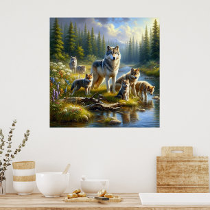 Wolf Pack Wolves Stream Nature Wildlife Poster
