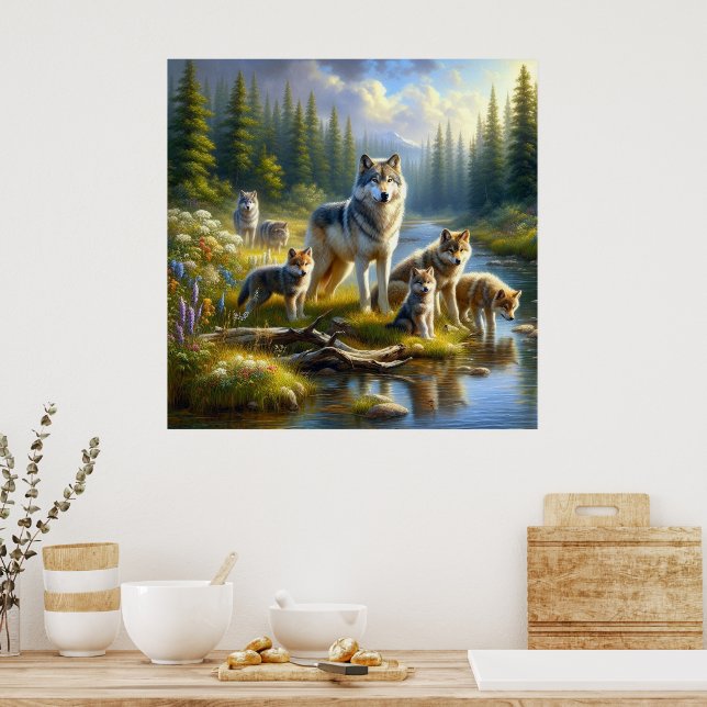 Wolf Pack Wolves Stream Nature Wildlife Poster (Küche)