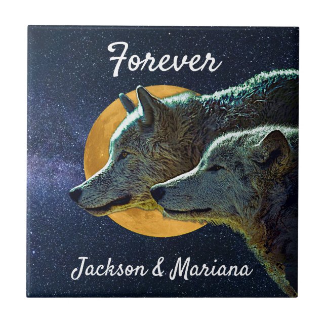 Wolf Pair und Vollmond Fliese (Vorderseite)
