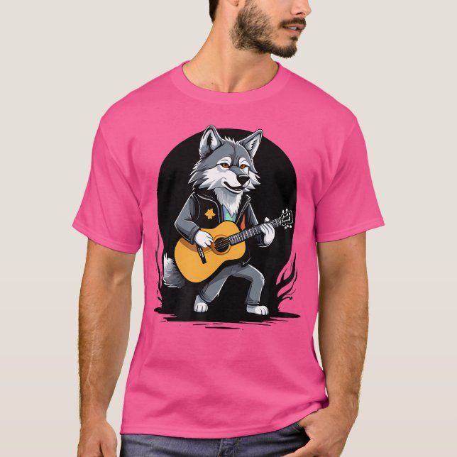 Wolf Playing Acoustic Gitarre Wolf Gitarrist T-Shirt (Vorderseite)