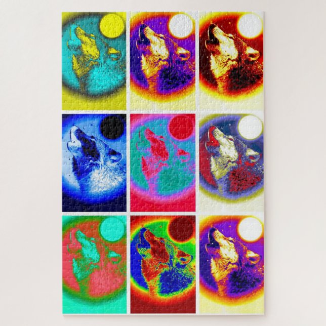 Wolf Pop Art Freedom Blue Night Fullmoon Puzzle (Vertikal)