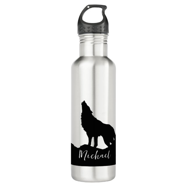 Wolf Pop Art Your Name Custom Schwarz-weiß Edelstahlflasche (Vorderseite)