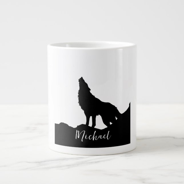 Wolf Pop Art Your Name Custom Schwarz-weiß Jumbo-Tasse (Vorderseite)
