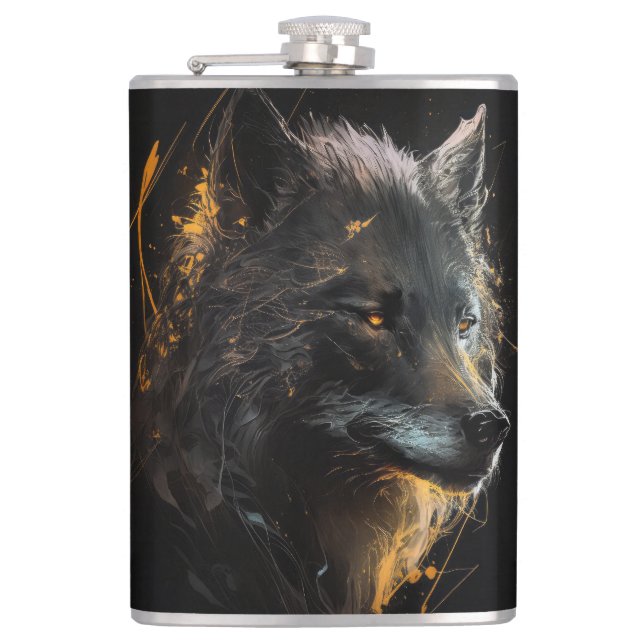 Wolf Portrait Animal Nature Dark Painting Flachmann (Vorderseite)
