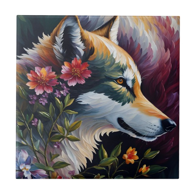 Wolf Portrait Floral Art Fliese (Vorderseite)