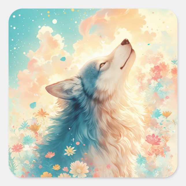 Wolf Portrait in Pastel Wildflower Meadow Quadratischer Aufkleber (Vorderseite)