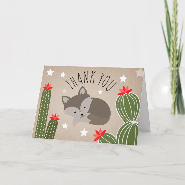 Wolf Pup Cactus Desert Stars Baby Shower Dankeskarte (Vorderseite)